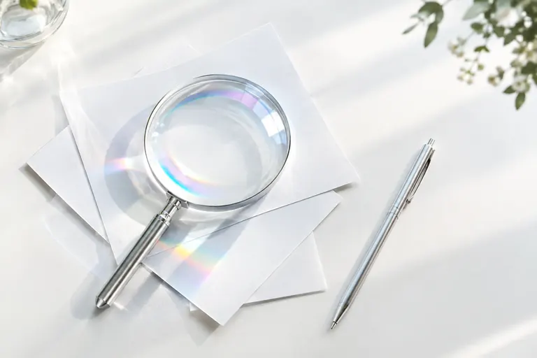 Loupe de verre posée sur des fiches blanches superposées, avec reflets arc-en-ciel